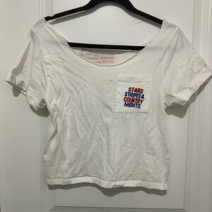 White Graphic Distressed Crop Tee with Pocket